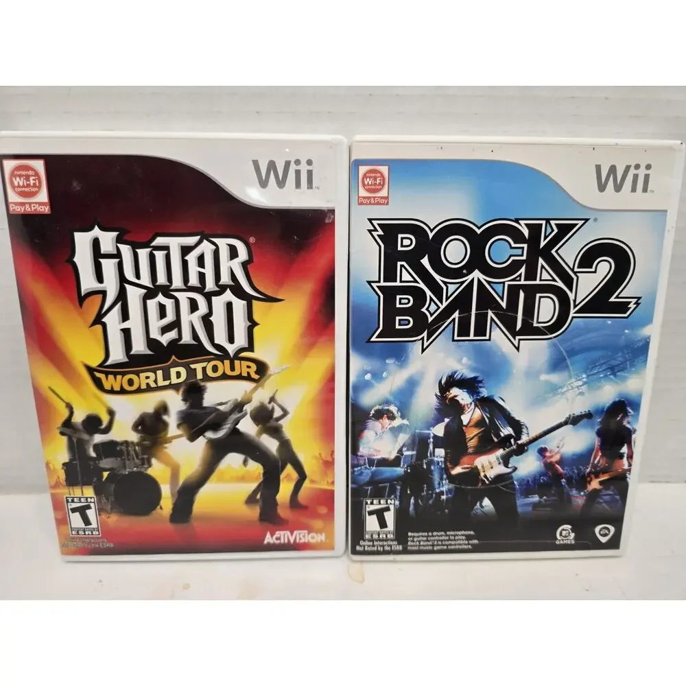 Nintendo Wii Rock Band 2 And Guitar Hero World tour, Game Bundle Tested Working